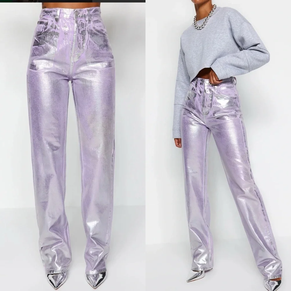Trendyol Collection Women's Lilac Shiny Metallic Printed High‎ Waist Wide Leg 34
